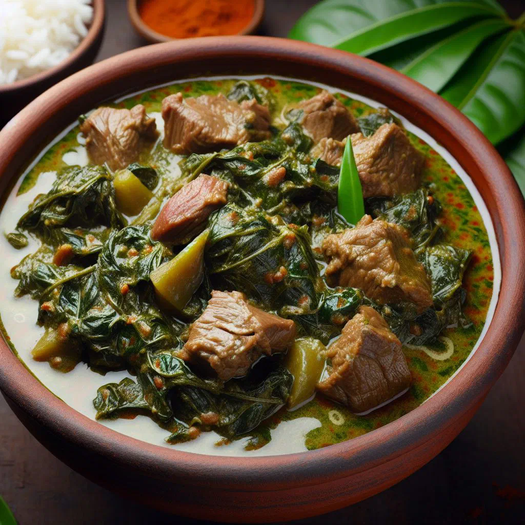 Bowl of fumbwa en sauce, a green leafy peanut stew, served with rice