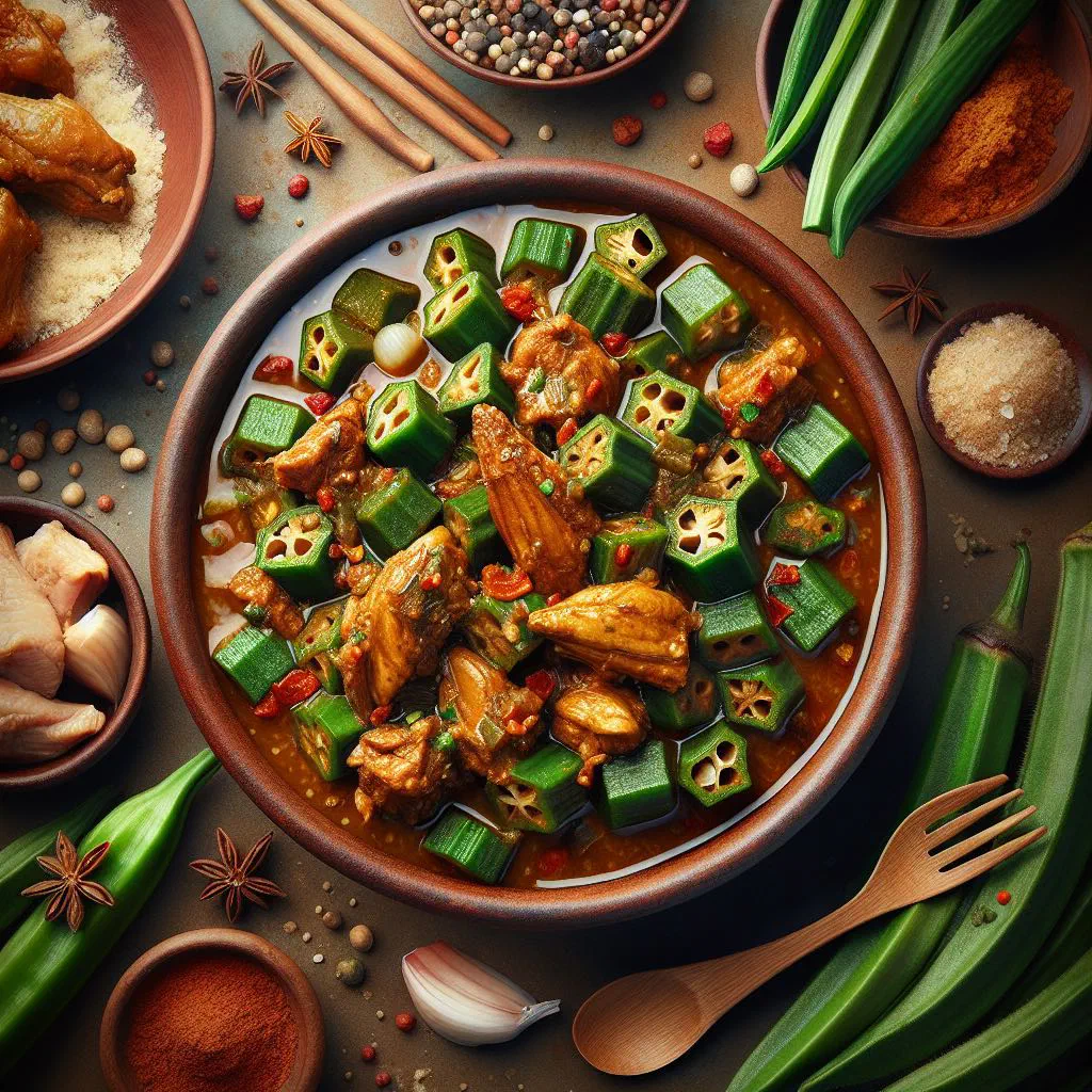 Gombo en sauce, a bowl of okra stewed in spiced tomato sauce with fresh coriander