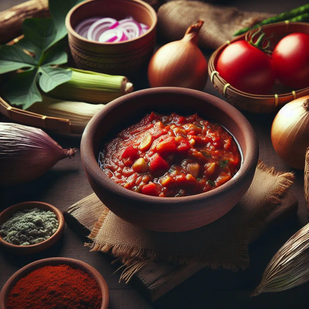 Bowl of creamy Gabonese peanut sauce garnished with fresh coriander