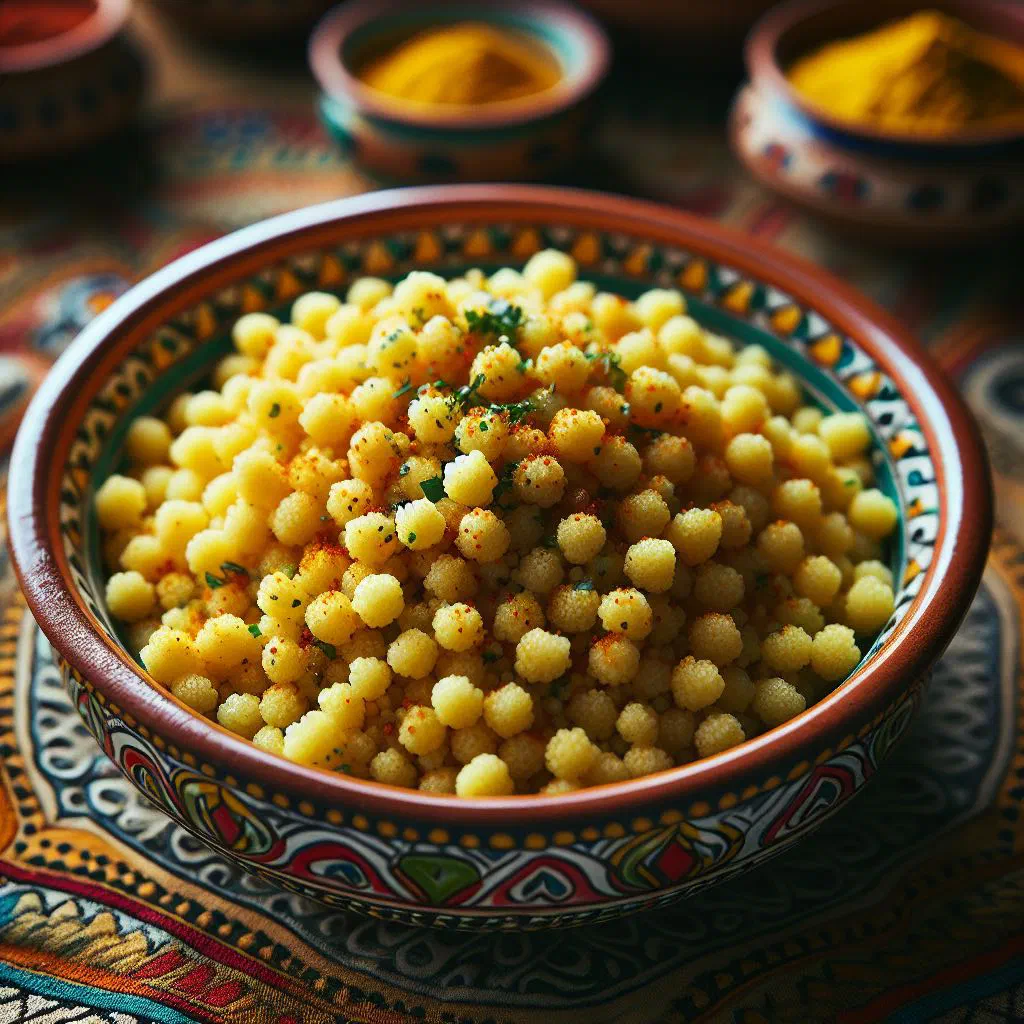 Bowl of Gabonese millet couscous with tomatoes, carrots and peppers