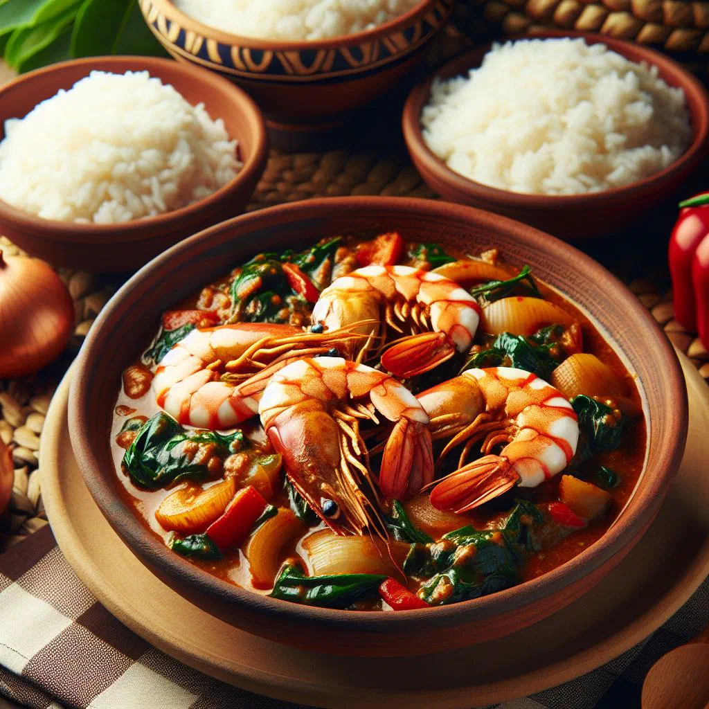 Ndolé aux crevettes with prawns in a peanut and leafy green sauce