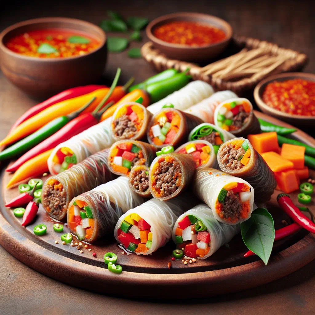 Golden fried African spring rolls served with a dipping sauce and fresh herbs