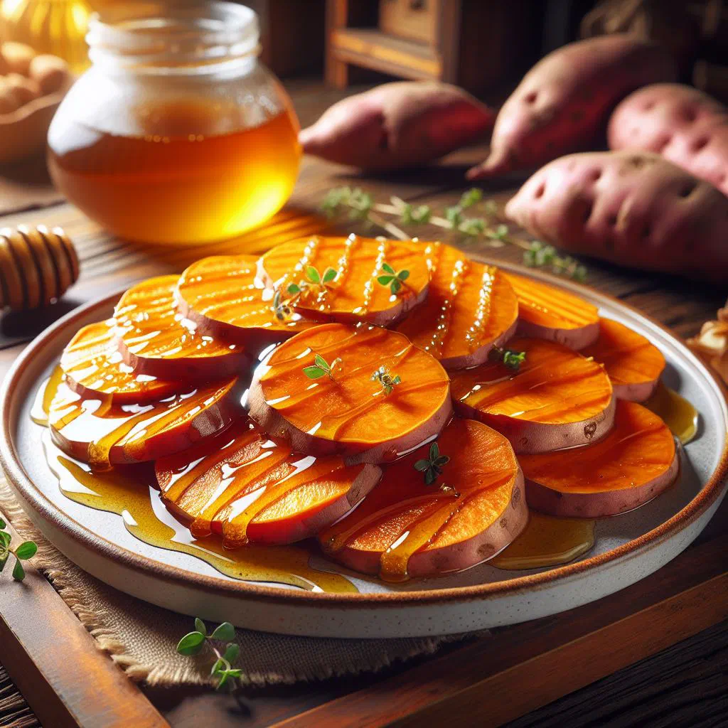 Caramelised honey-glazed sweet potato cubes dusted with cinnamon