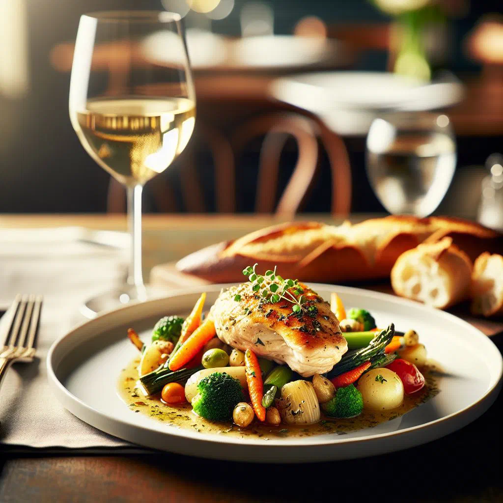 Pan-fried chicken with colourful vegetables and fresh herbs