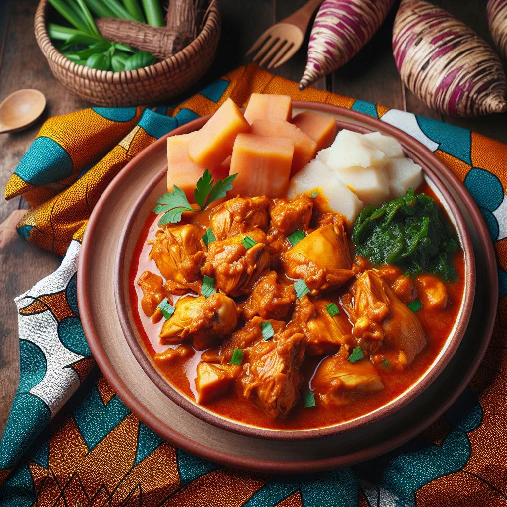 Chicken pieces simmered in a rich orange palm nut sauce, garnished with coriander