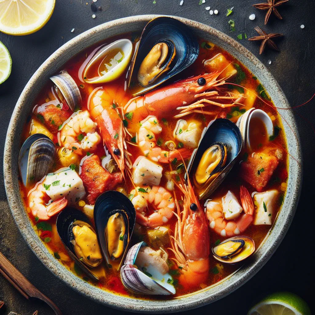 Gabonese fish stew with tender white fish in a spiced tomato sauce, garnished with fresh herbs