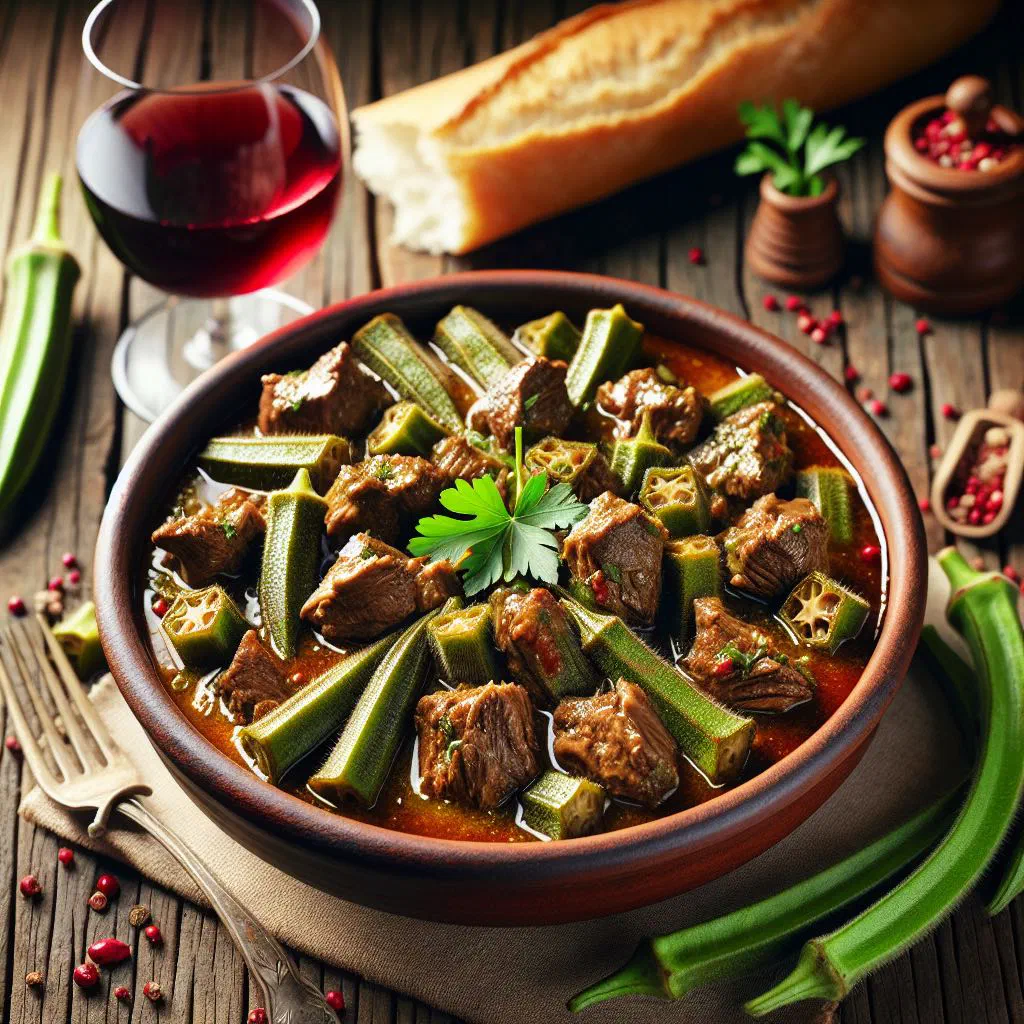Gabonese meat and okra stew in a bowl with fresh coriander