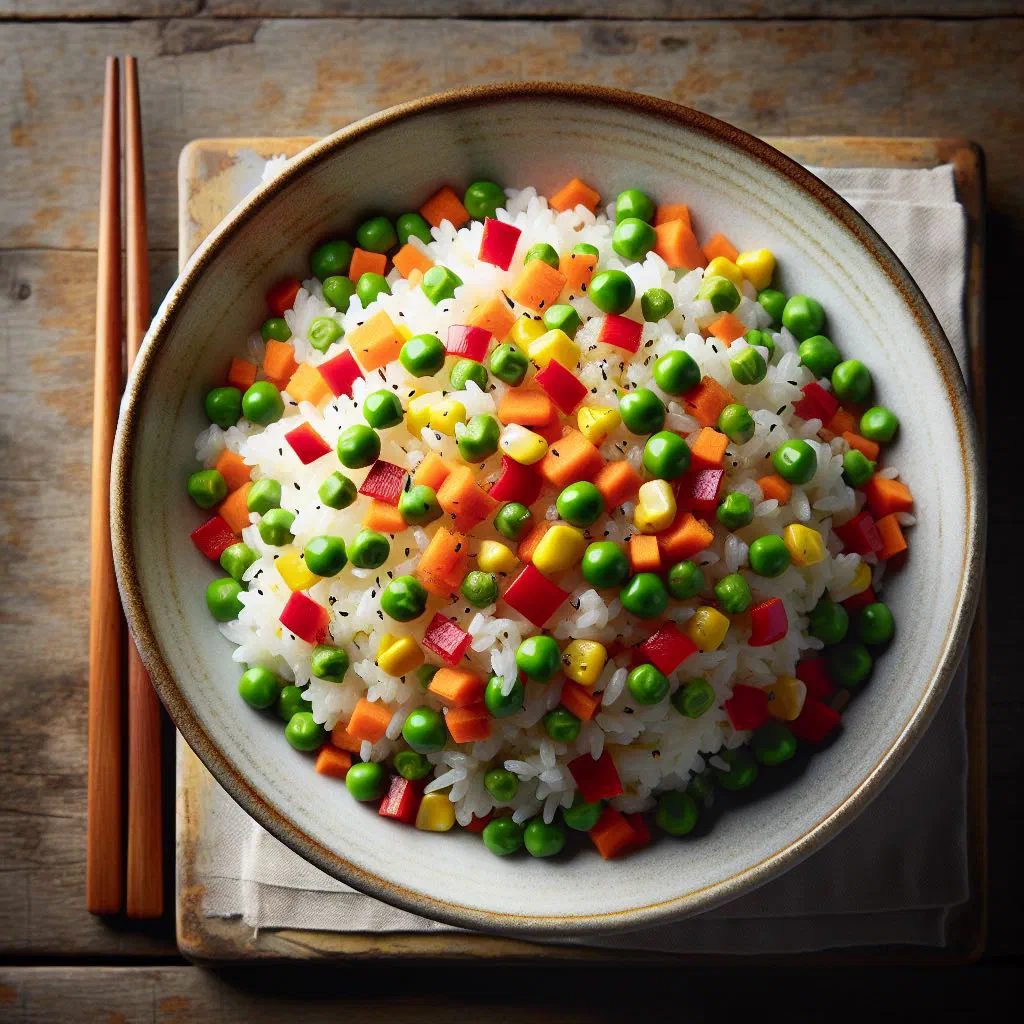 Colourful rice with carrots, peppers and green beans in a bowl