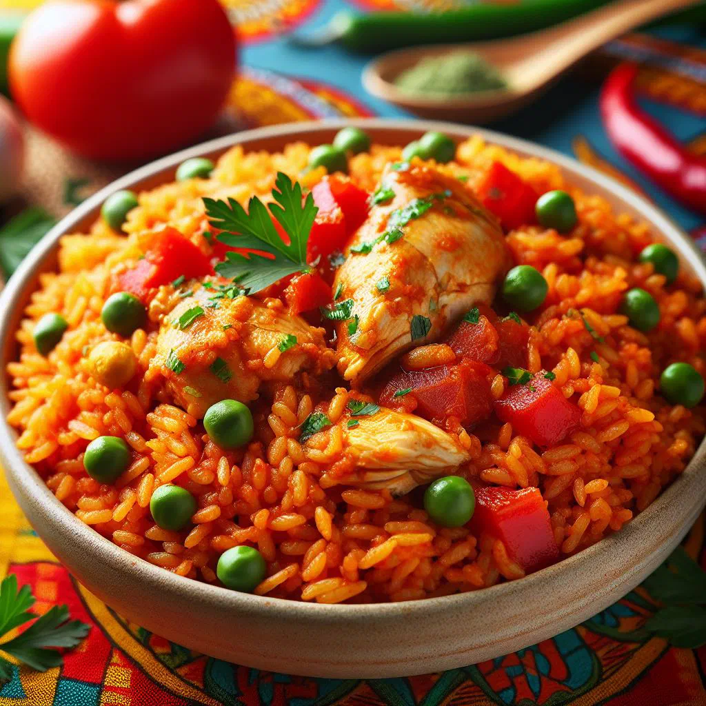 Bowl of Gabonese riz jollof with tomato-red rice and diced peppers