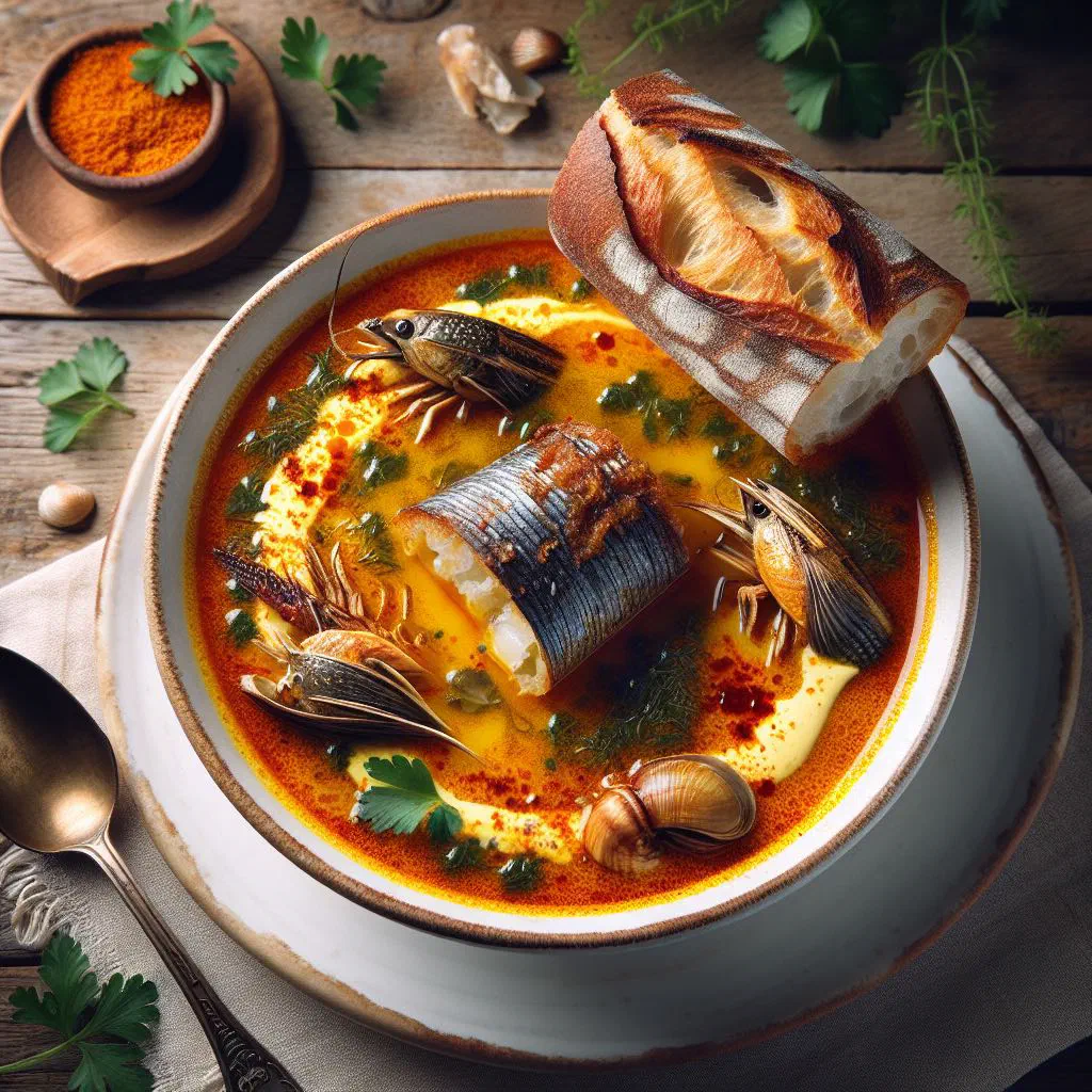 Bowl of Gabonese fish soup with prawns, carrots and fresh parsley
