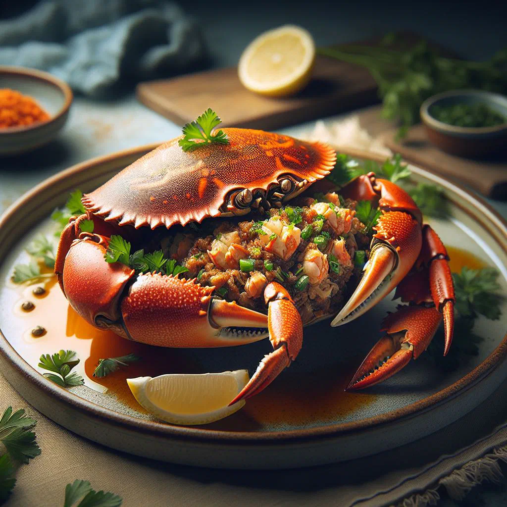Stuffed crab shells filled with a spiced crab and vegetable mixture, garnished with fresh herbs