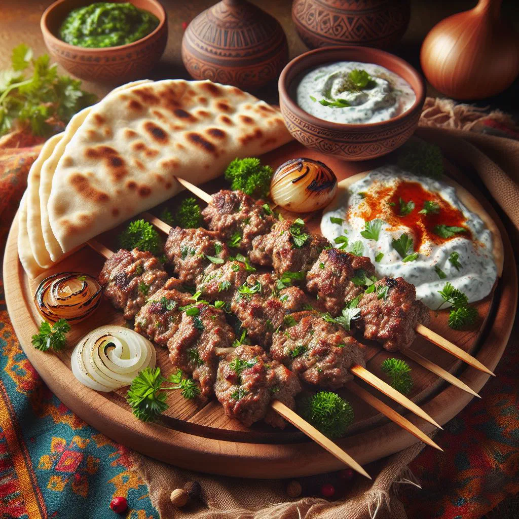 Grilled Afra kebab skewers of marinated meat with onions and lemon