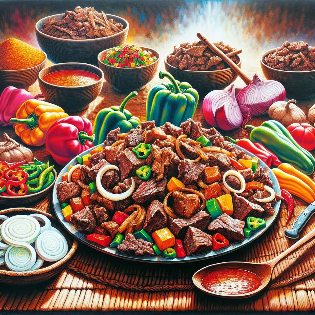 Grilled marinated meat served with onion rings and rice