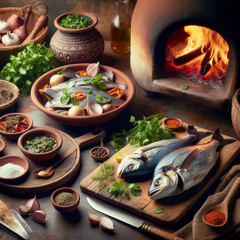 Whole baked fish with spices, lemon and fried plantains