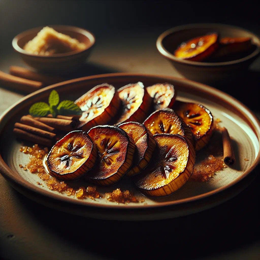 Golden baked plantain slices on a serving board