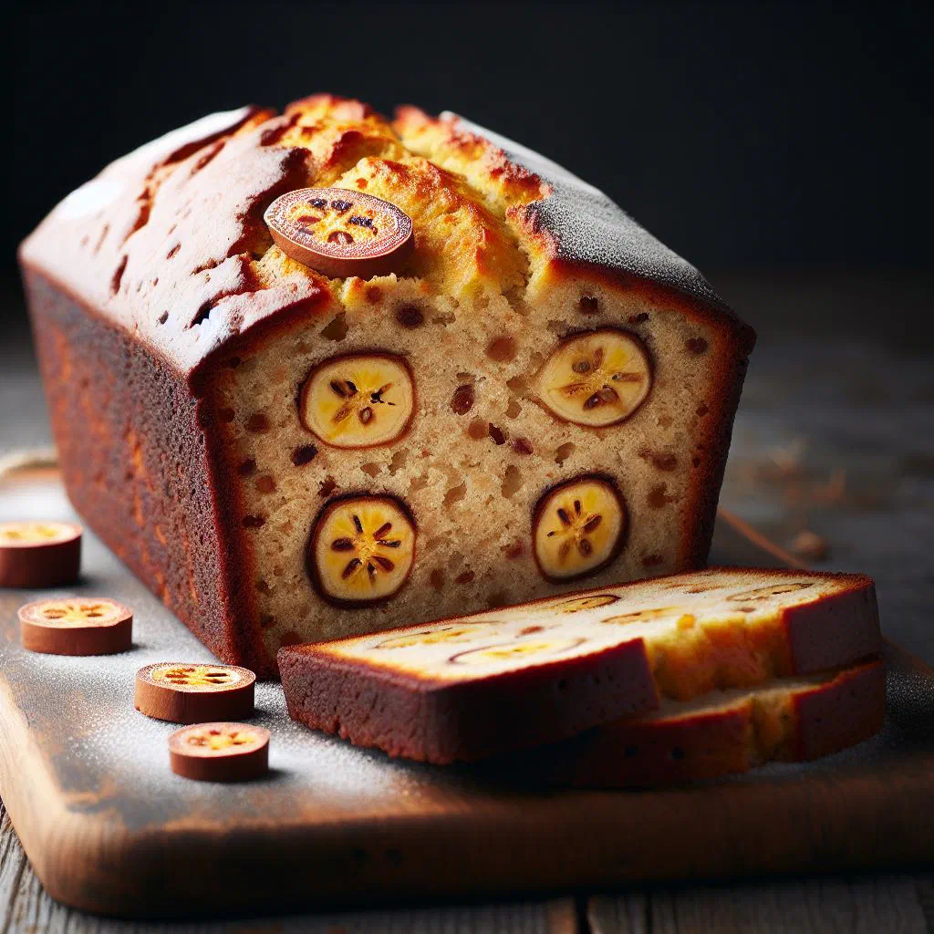 Sliced banana bread with baobab on a wooden board
