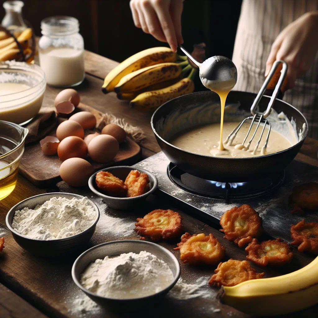 Golden-fried banana fritters dusted with icing sugar on a plate