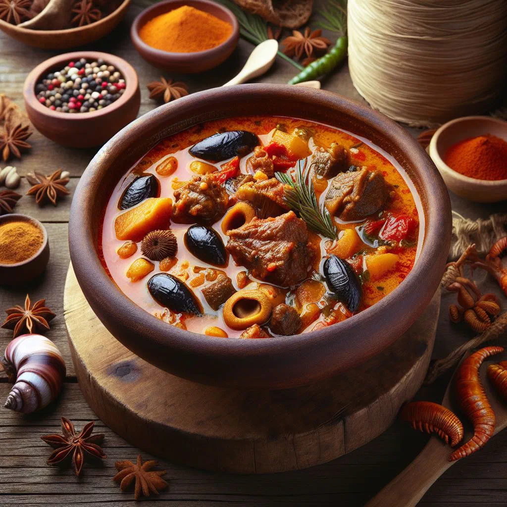 A steaming bowl of rich, reddish Gambian banga soup garnished with fresh herbs
