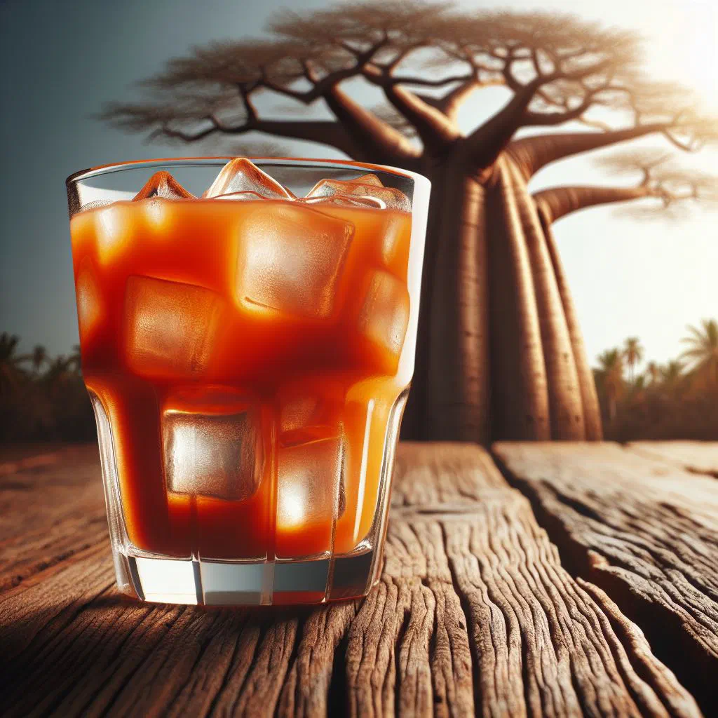 A glass of creamy baobab juice garnished with a lemon slice