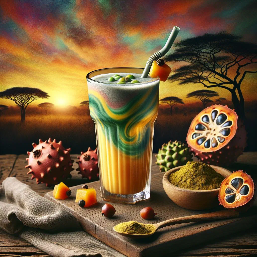 Creamy baobab smoothie in a glass garnished with fresh fruit