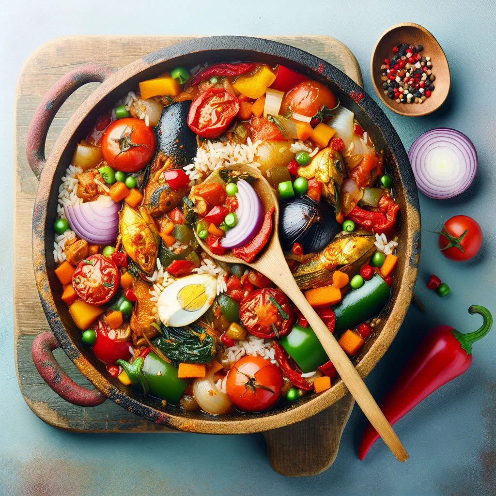 A colourful one-pot of Benachin rice with vegetables and fish