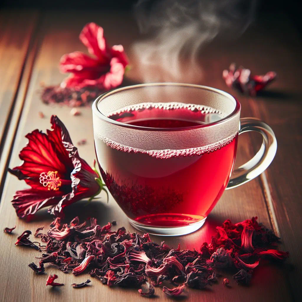 A glass of deep red bissap hibiscus drink with ice and a slice of lemon