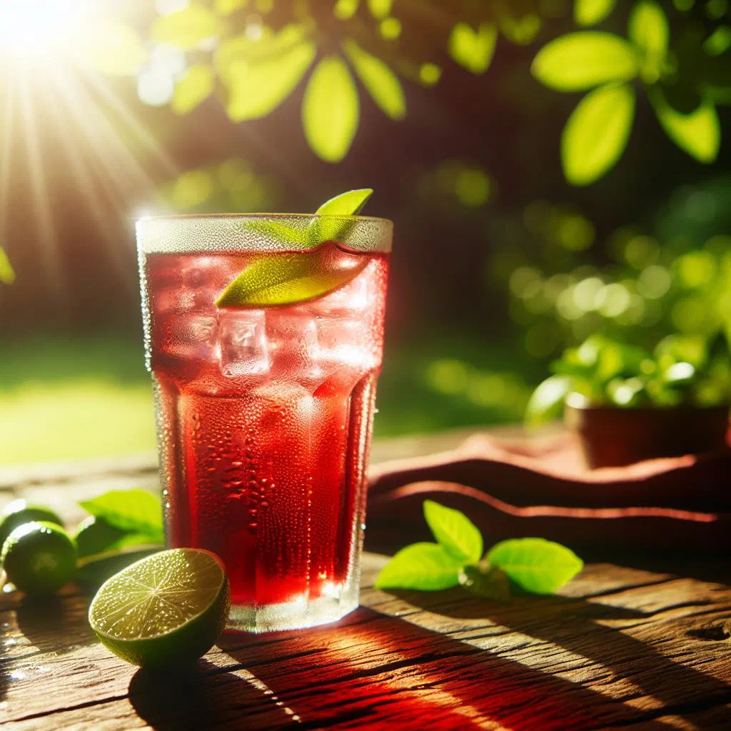 Deep-red hibiscus bissap tea served in a glass with fresh mint