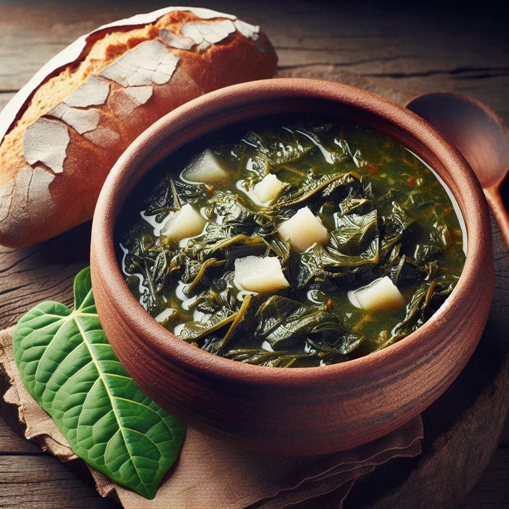 Bowl of Gambian cassava leaf soup garnished with fresh herbs