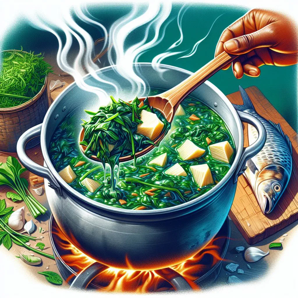Bowl of Gambian cassava leaf soup with fish and palm oil