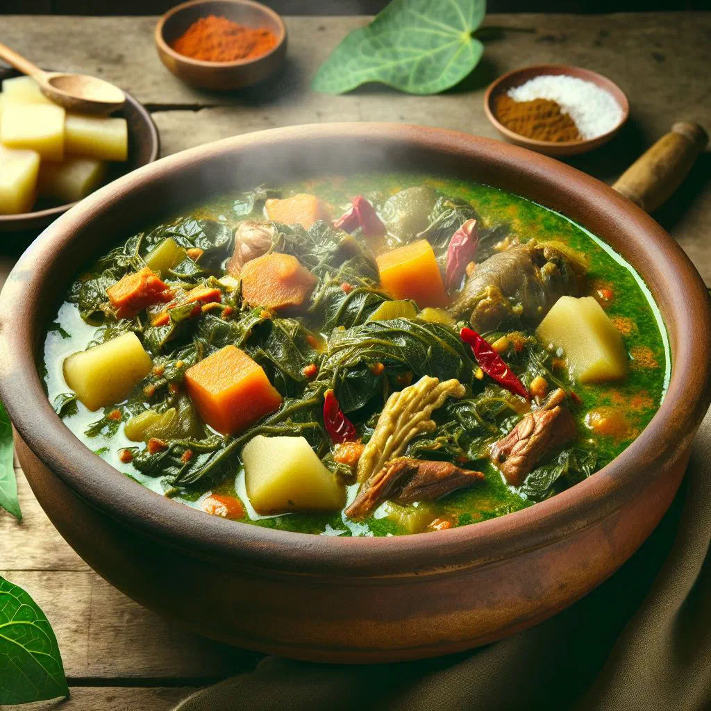Bowl of Gambian cassava leaves stew with peanut sauce and rice