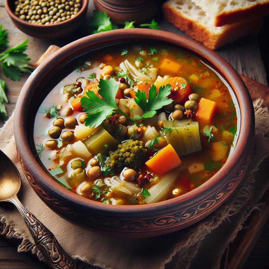 Bowl of Gambian chorosho soup garnished with fresh coriander