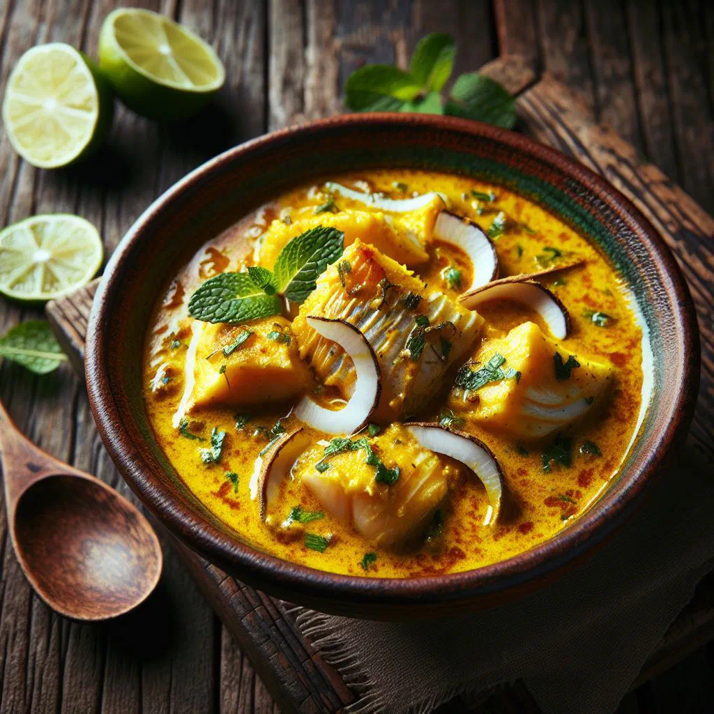 Gambian coconut and lime fish curry garnished with fresh coriander
