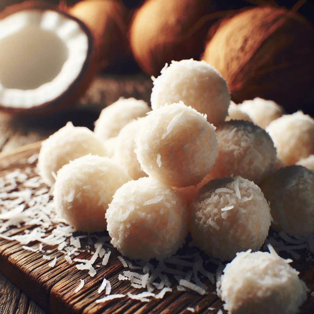 Golden baked coconut candy pieces on a serving plate