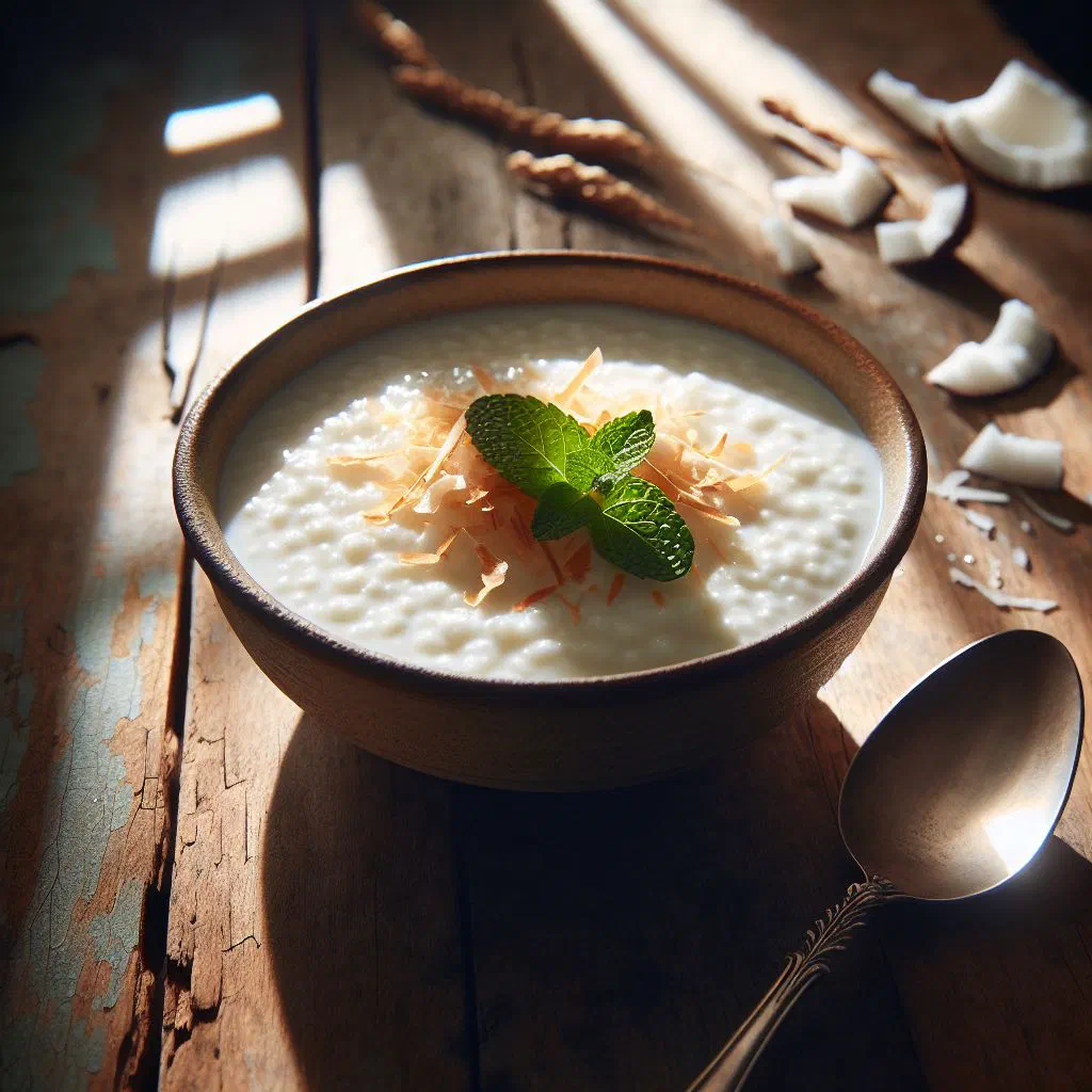 Creamy coconut milk porridge topped with fresh fruit and nuts