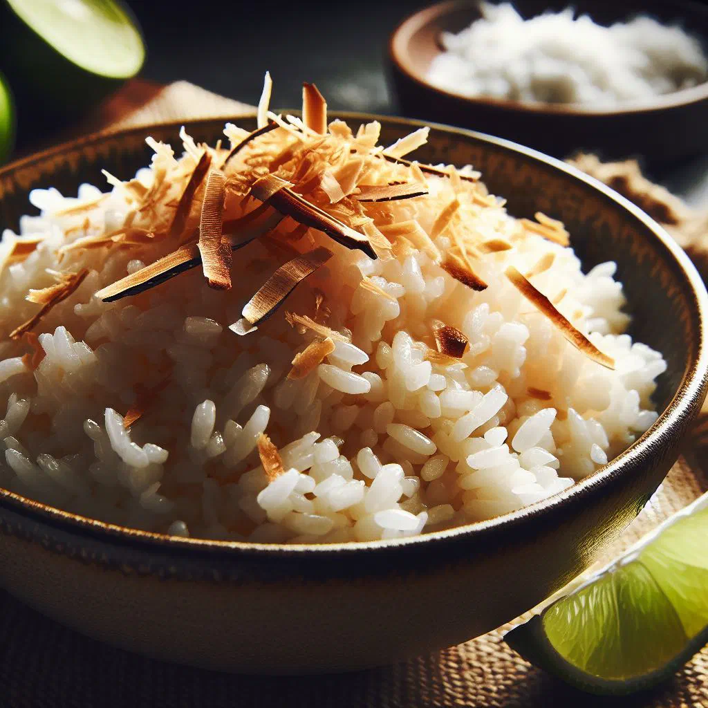 Fluffy coconut rice with diced carrots and fresh herbs