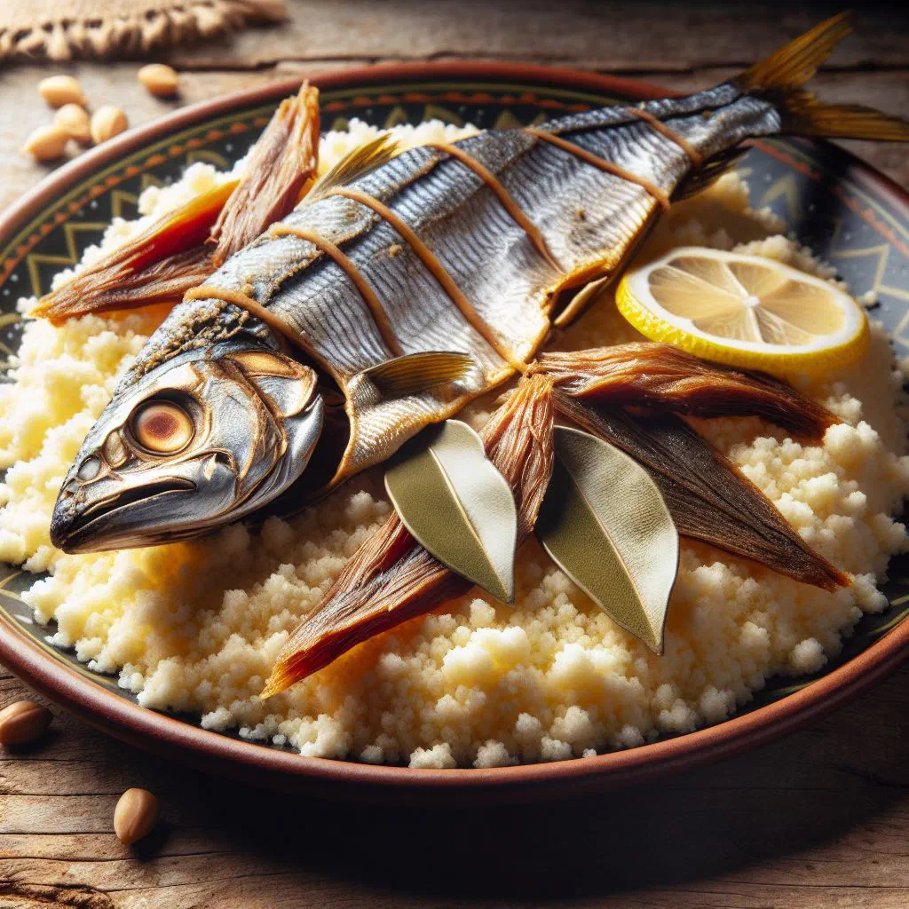 Fluffy couscous topped with flaked dried fish, peppers and tomato