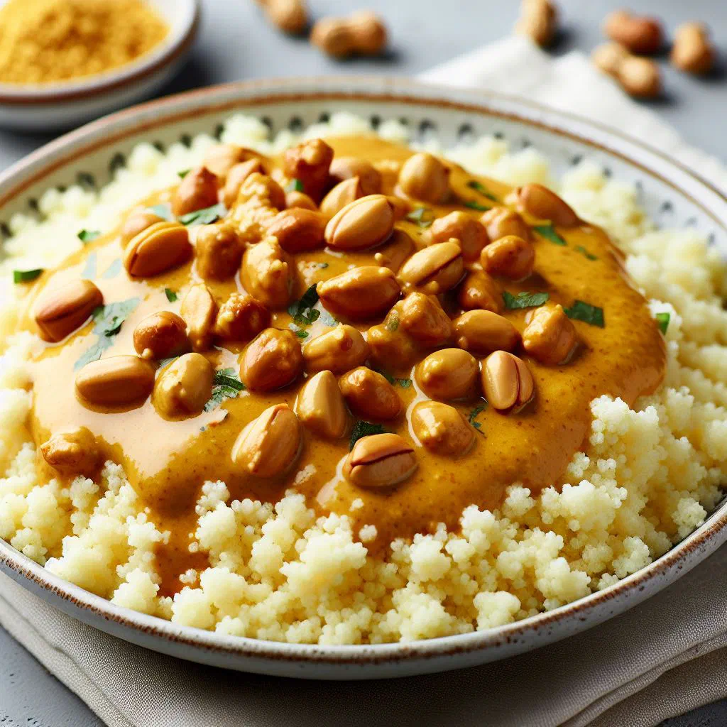Couscous topped with creamy peanut sauce, vegetables and roasted groundnuts