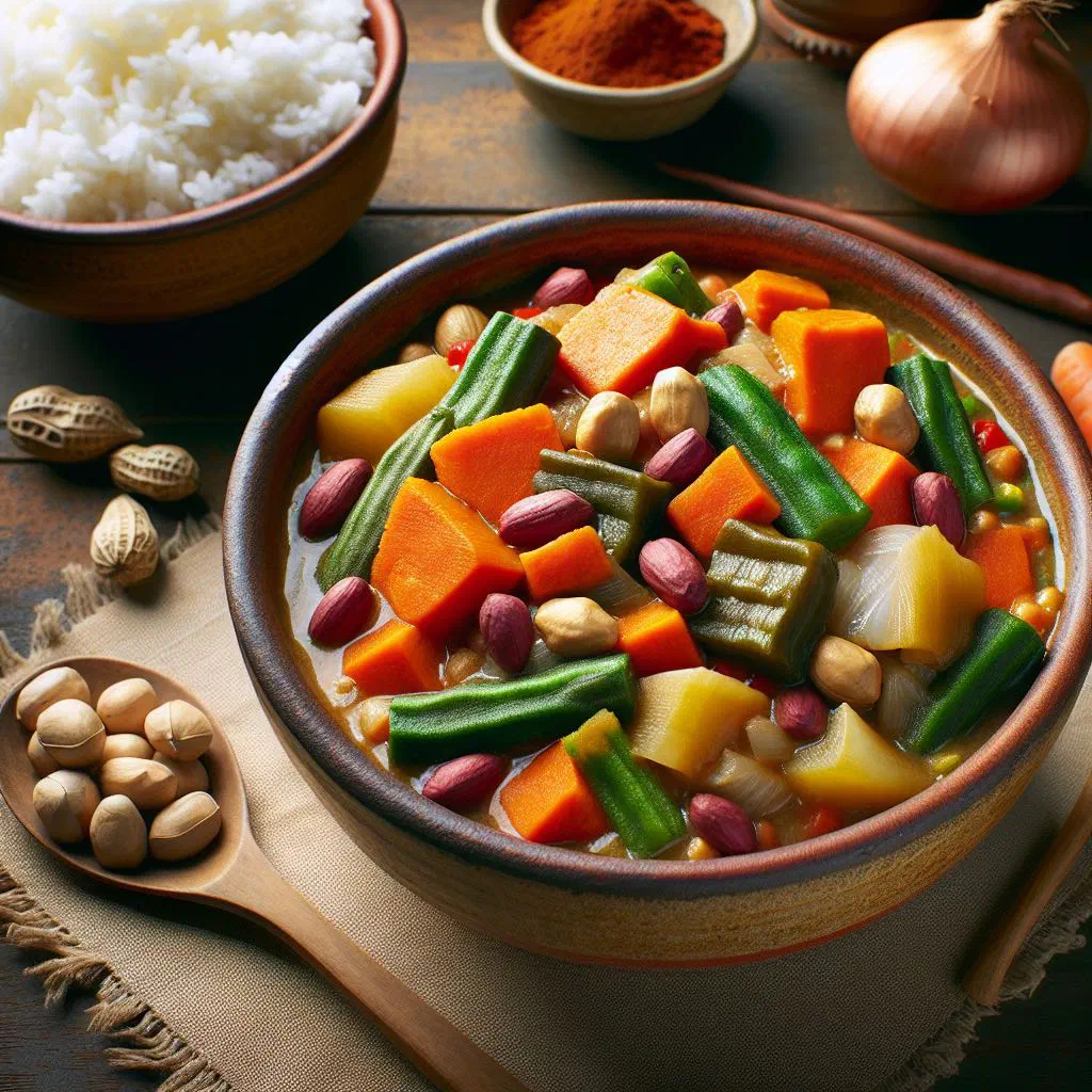 Domoda aux Légumes vegetable and peanut stew served in a bowl