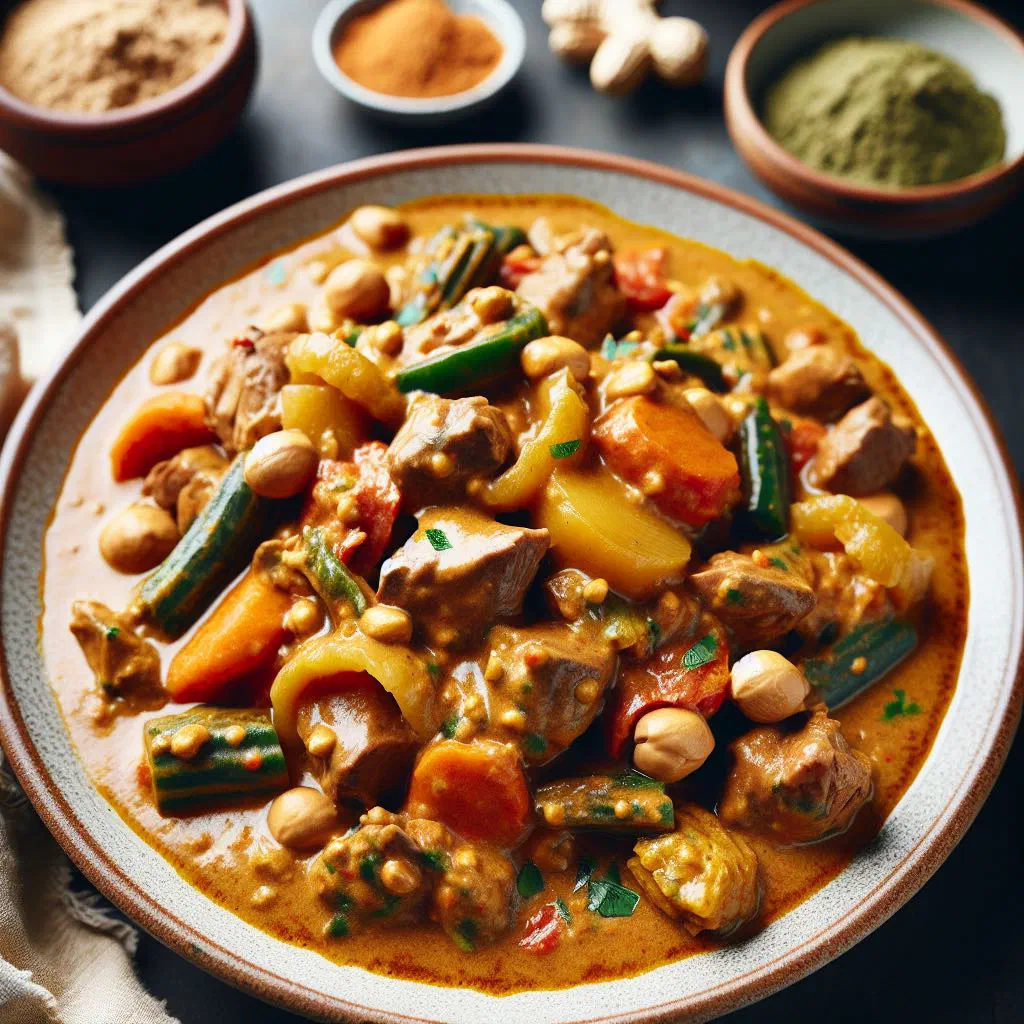Bowl of Gambian domoda peanut stew with tender meat and vegetables in a creamy sauce