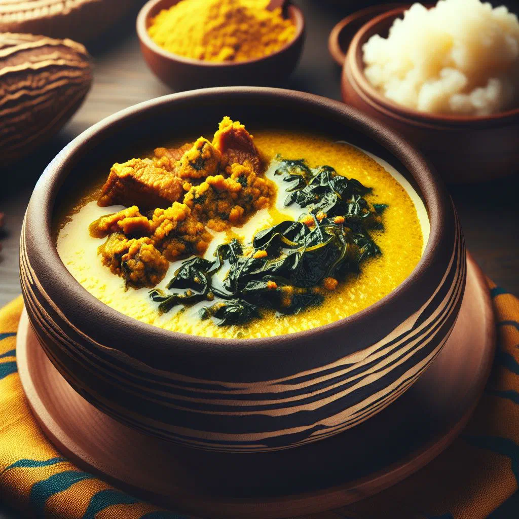Bowl of Gambian egusi soup with ground melon seeds and greens