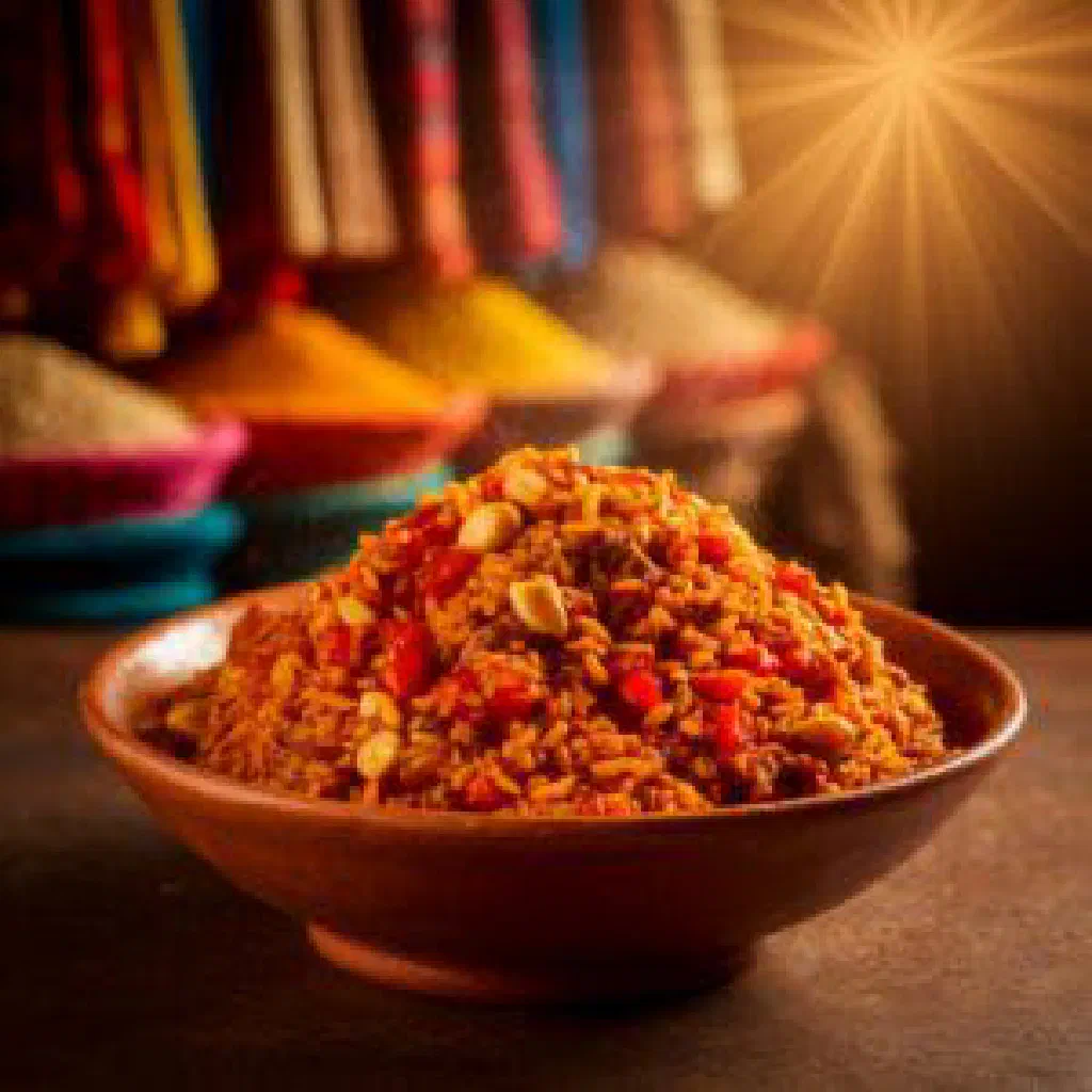 Bowl of Gambian farin tomoda, a thick cornmeal and vegetable dish garnished with fresh herbs