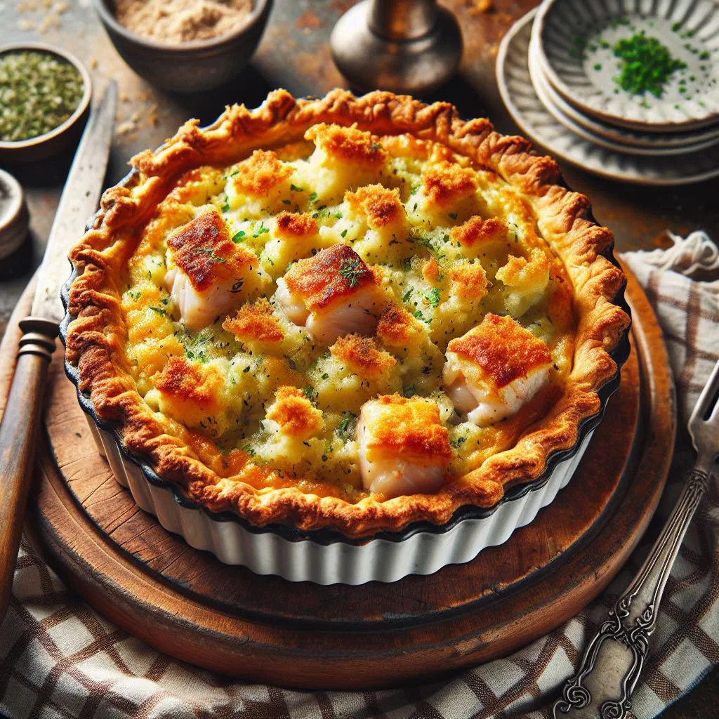 Golden baked fish pie with a flaky puff pastry crust