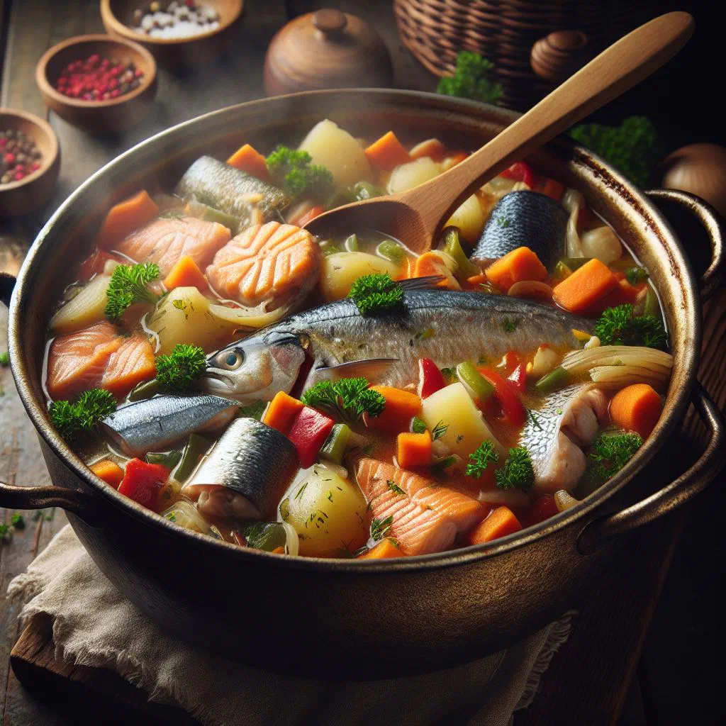Gambian fish stew with tomatoes, peppers and spices in a bowl