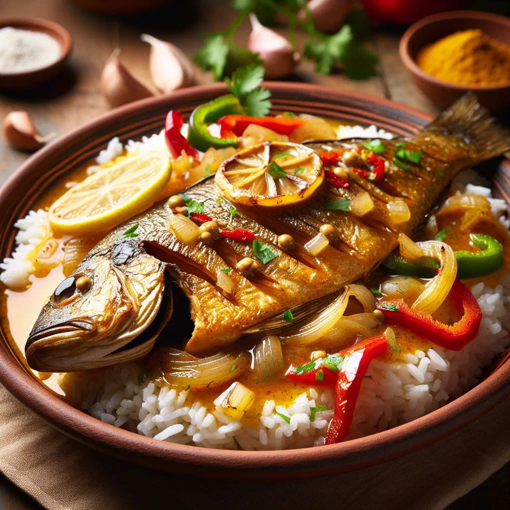 Fish yassa with caramelised onions, lemon and fresh coriander over rice