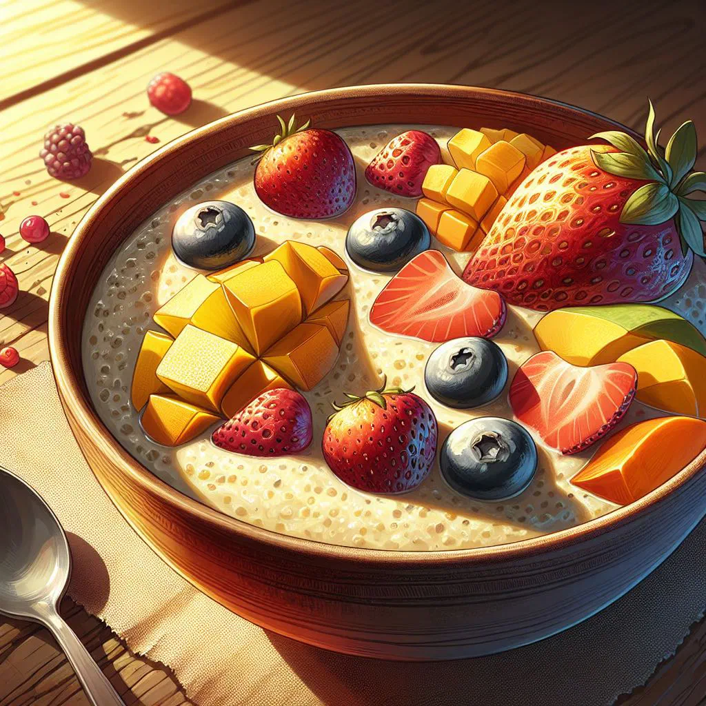 Bowl of creamy fonio porridge topped with fresh fruit and nuts