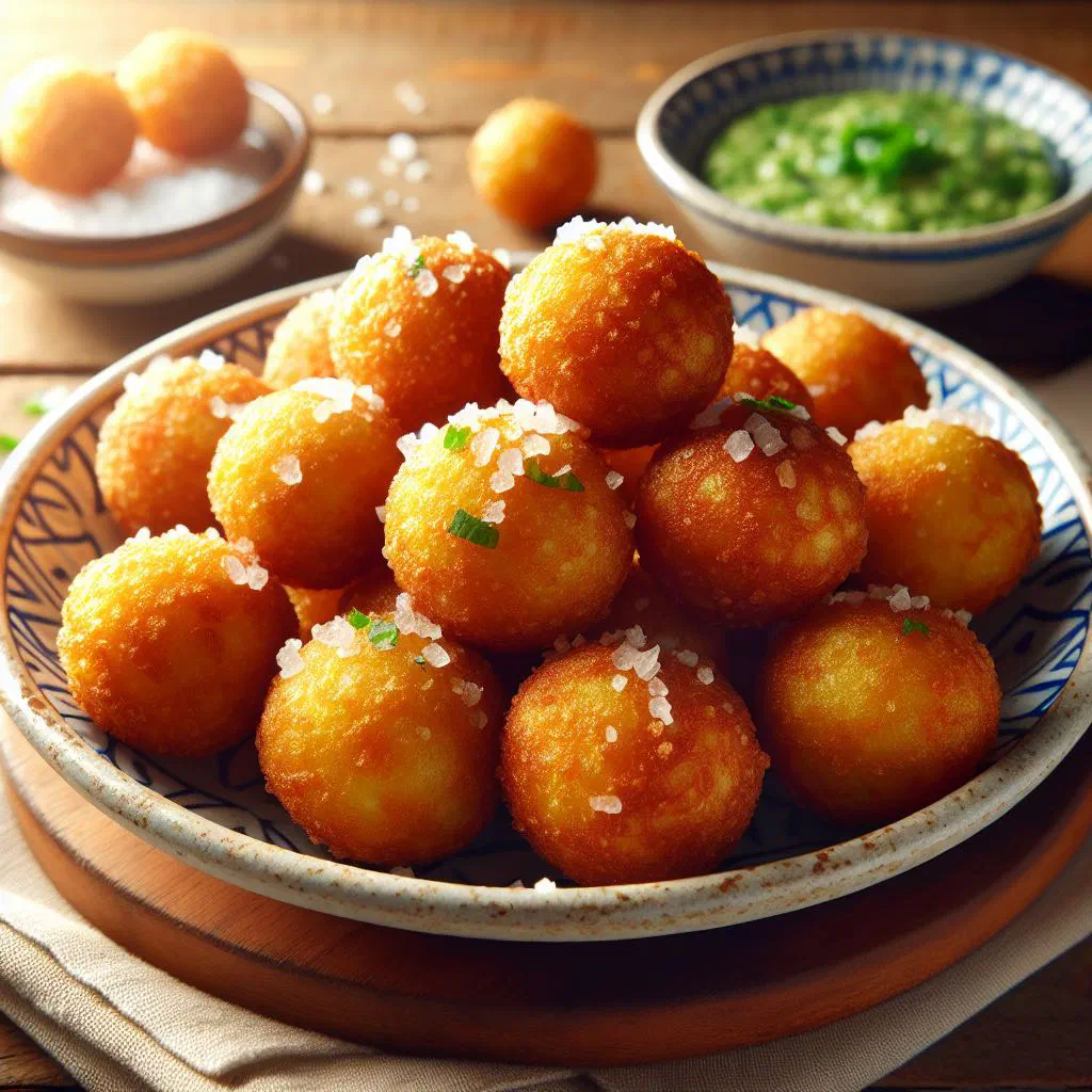 Golden deep-fried cassava balls piled on a plate with fresh herbs