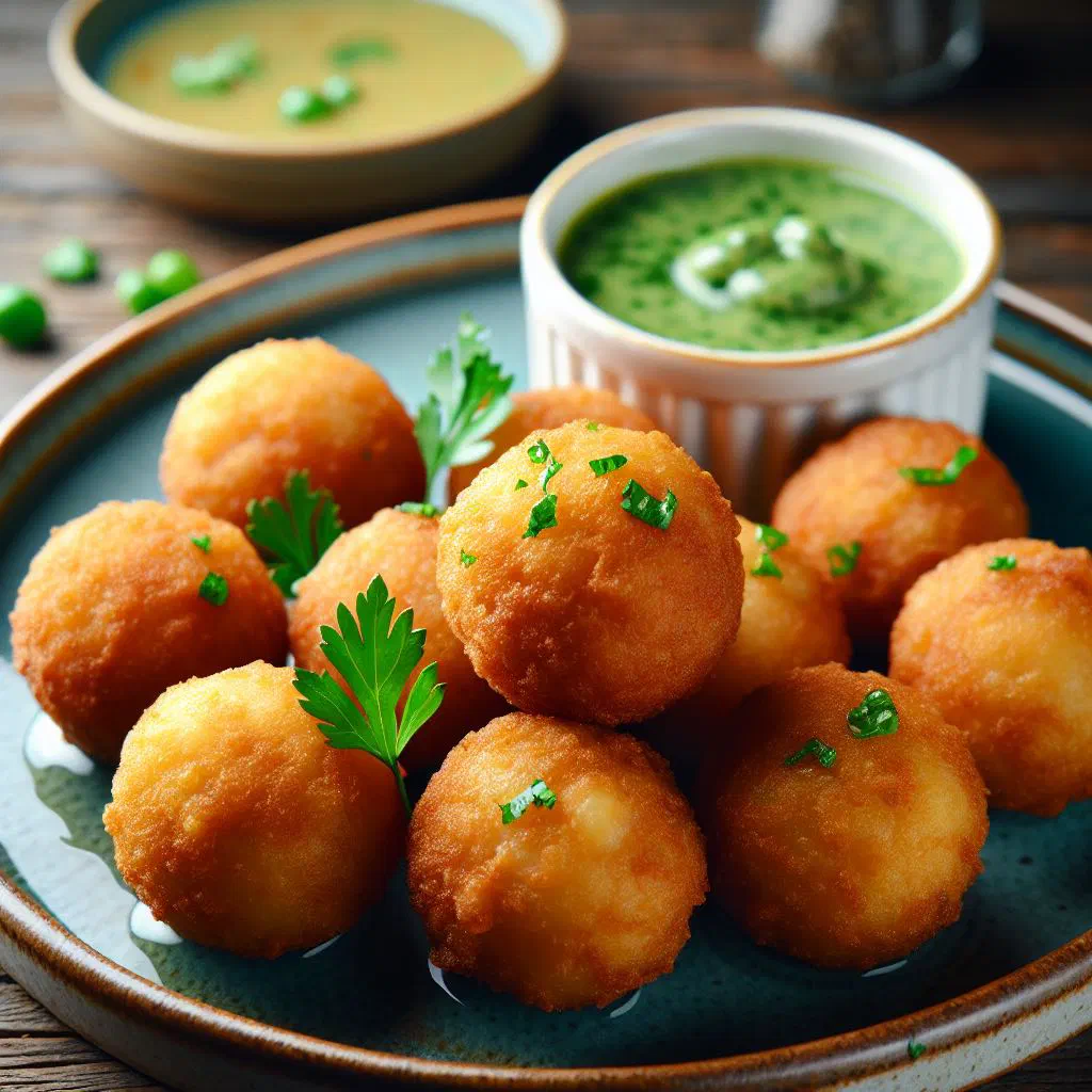 Golden fried fish balls served with lemon wedges and fresh herbs