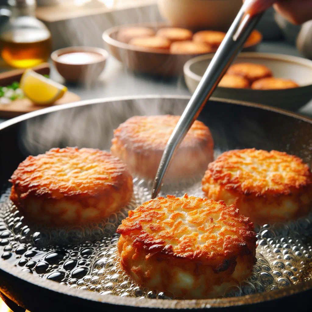 Golden fried fish cakes served with lemon wedges and fresh herbs