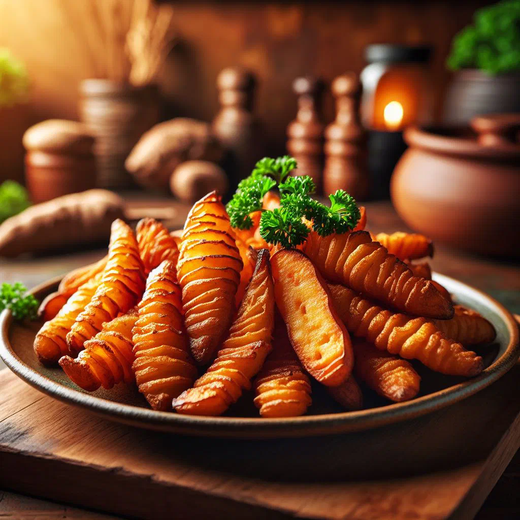 Golden fried yam chips served with a dipping sauce