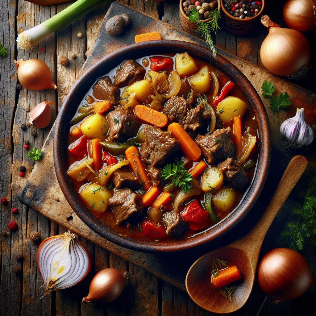 Rich Gambian goat meat stew garnished with fresh herbs in a bowl
